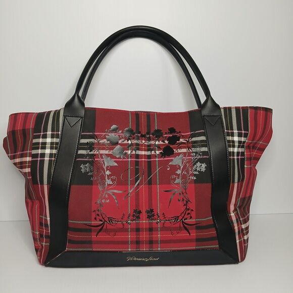 Victoria's Secret Tote Bag Limited Edition 2020 Red Plaid 18 x 12" Cotton - Picture 2 of 10